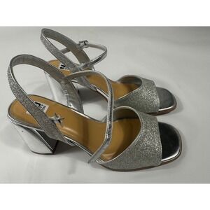 Ninety Union Sophia Silver Glitter Block Heel Sandals Women Size 9 Square Toe